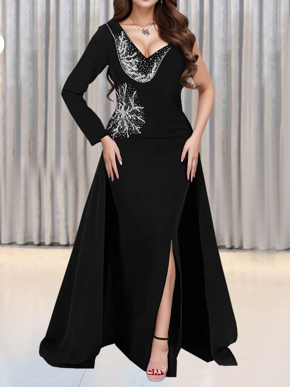 Slit Rhinestone One Shoulder Maxi Dress